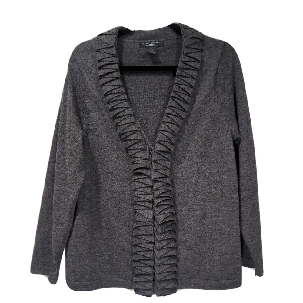 Elena Solano Woman 100% Merino Wool Button Cardigan Sweater Size 1X Gray Ribbon